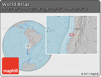 Gray Location Map of the Area around 34° 38' 13" S, 72° 10' 30" W, hill shading