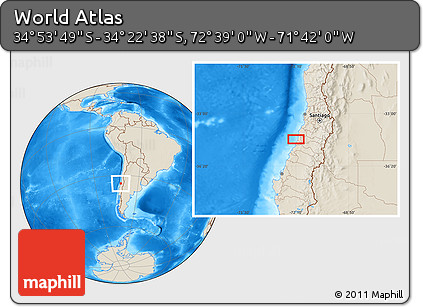Shaded Relief Location Map of the Area around 34° 38' 13" S, 72° 10' 30" W