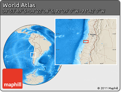 Shaded Relief Location Map of the Area around 34° 38' 13" S, 72° 10' 30" W