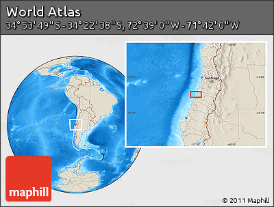 Shaded Relief Location Map of the Area around 34° 38' 13" S, 72° 10' 30" W