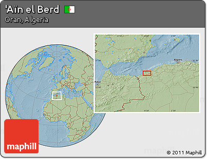 Savanna Style Location Map of 'Aïn El Berd, hill shading