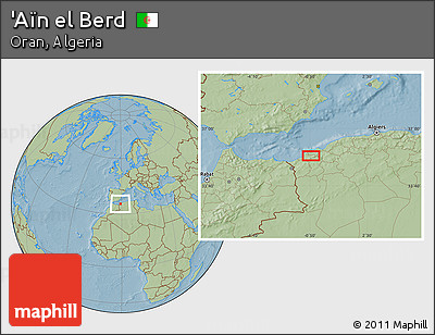 Savanna Style Location Map of 'Aïn El Berd, hill shading