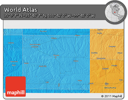 Political 3D Map of the Area around 35° 24' 37" N, 100° 13' 29" W