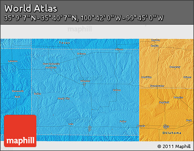 Political 3D Map of the Area around 35° 24' 37" N, 100° 13' 29" W