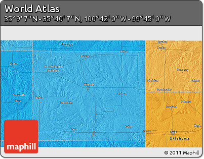 Political 3D Map of the Area around 35° 24' 37" N, 100° 13' 29" W