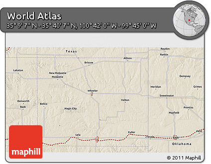 Shaded Relief 3D Map of the Area around 35° 24' 37" N, 100° 13' 29" W