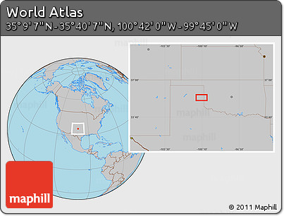 Gray Location Map of the Area around 35° 24' 37" N, 100° 13' 29" W