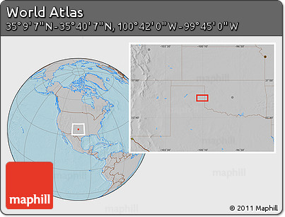 Gray Location Map of the Area around 35° 24' 37" N, 100° 13' 29" W, hill shading