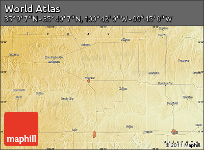 Physical Map of the Area around 35° 24' 37" N, 100° 13' 29" W