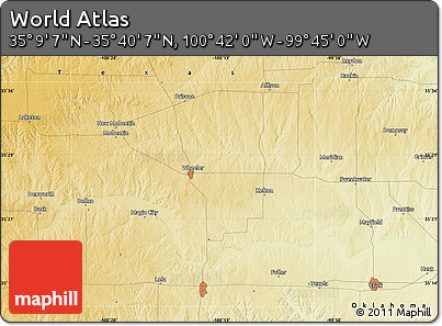 Physical Map of the Area around 35° 24' 37" N, 100° 13' 29" W