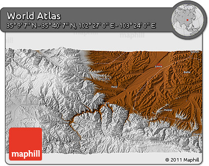 Physical 3D Map of the Area around 35° 24' 37" N, 102° 55' 30" E