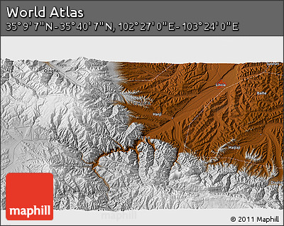 Physical 3D Map of the Area around 35° 24' 37" N, 102° 55' 30" E