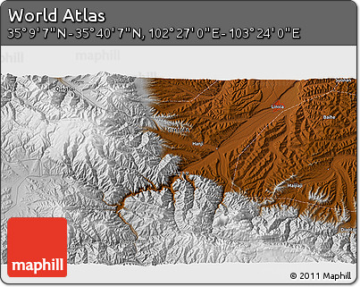 Physical 3D Map of the Area around 35° 24' 37" N, 102° 55' 30" E