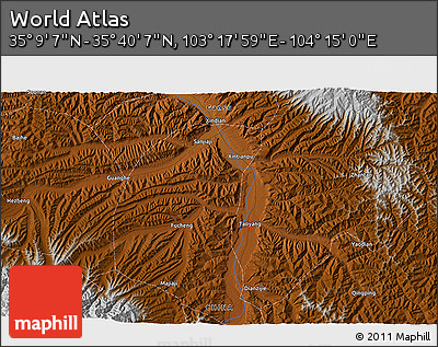 Physical 3D Map of the Area around 35° 24' 37" N, 103° 46' 30" E