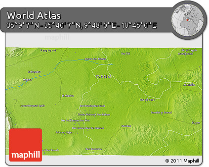 Physical 3D Map of the Area around 35° 24' 37" N, 10° 16' 30" E