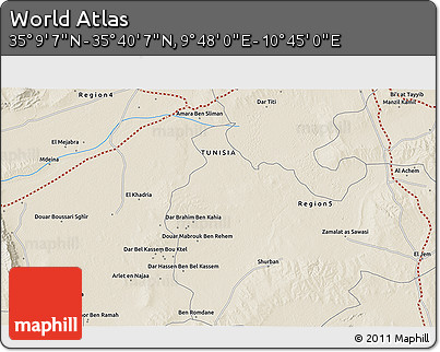 Shaded Relief 3D Map of the Area around 35° 24' 37" N, 10° 16' 30" E