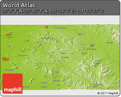 Physical 3D Map of the Area around 35° 24' 37" N, 117° 22' 30" E