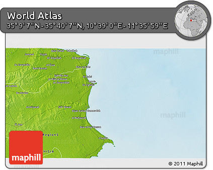 Physical 3D Map of the Area around 35° 24' 37" N, 11° 7' 30" E