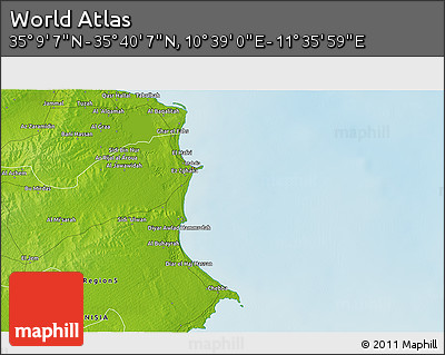 Physical 3D Map of the Area around 35° 24' 37" N, 11° 7' 30" E