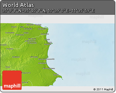 Physical 3D Map of the Area around 35° 24' 37" N, 11° 7' 30" E