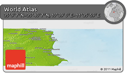 Physical Panoramic Map of the Area around 35° 24' 37" N, 11° 7' 30" E