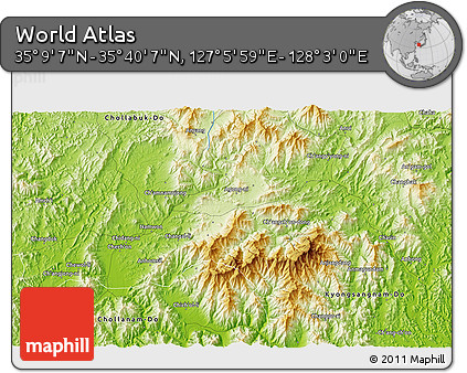 Physical 3D Map of the Area around 35° 24' 37" N, 127° 34' 30" E