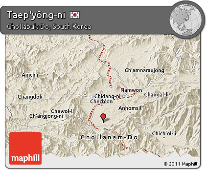 Shaded Relief Panoramic Map of Taep'yŏng-ni
