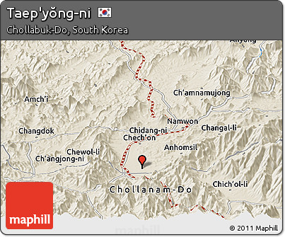 Shaded Relief Panoramic Map of Taep'yŏng-ni