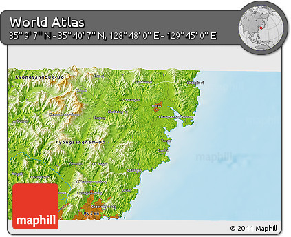 Physical 3D Map of the Area around 35° 24' 37" N, 129° 16' 30" E