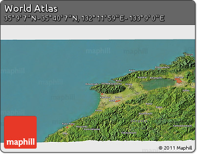 Satellite 3D Map of the Area around 35° 24' 37" N, 132° 40' 30" E
