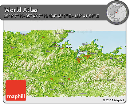 Physical 3D Map of the Area around 35° 24' 37" N, 135° 13' 29" E