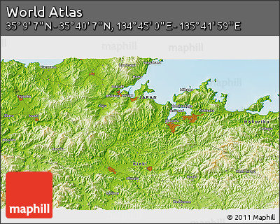 Physical 3D Map of the Area around 35° 24' 37" N, 135° 13' 29" E