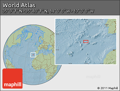 Savanna Style Location Map of the Area around 35° 24' 37" N, 13° 31' 30" W, hill shading