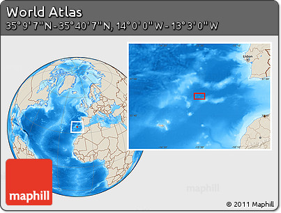 Shaded Relief Location Map of the Area around 35° 24' 37" N, 13° 31' 30" W