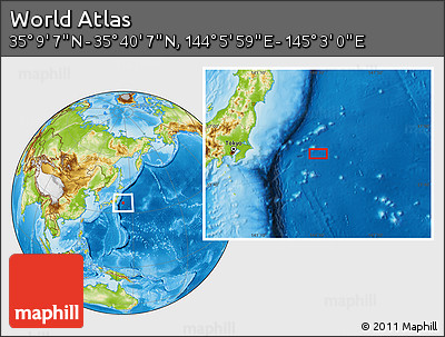 Physical Location Map of the Area around 35° 24' 37" N, 144° 34' 29" E