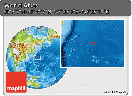 Physical Location Map of the Area around 35° 24' 37" N, 147° 58' 29" E