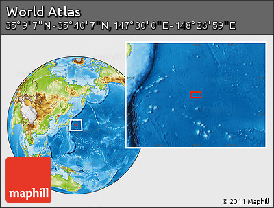 Physical Location Map of the Area around 35° 24' 37" N, 147° 58' 29" E