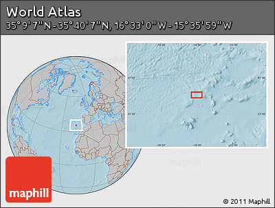 Gray Location Map of the Area around 35° 24' 37" N, 16° 4' 29" W, hill shading