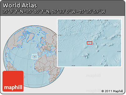 Gray Location Map of the Area around 35° 24' 37" N, 16° 4' 29" W, hill shading