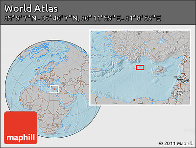 Gray Location Map of the Area around 35° 24' 37" N, 30° 40' 29" E, hill shading