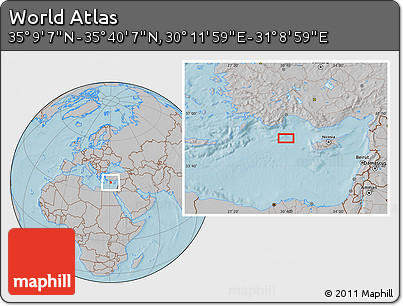 Gray Location Map of the Area around 35° 24' 37" N, 30° 40' 29" E, hill shading