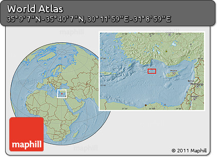 Savanna Style Location Map of the Area around 35° 24' 37" N, 30° 40' 29" E, hill shading