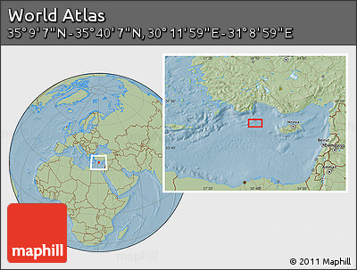 Savanna Style Location Map of the Area around 35° 24' 37" N, 30° 40' 29" E, hill shading