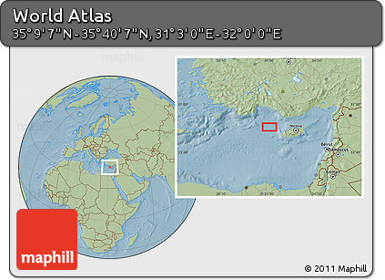 Savanna Style Location Map of the Area around 35° 24' 37" N, 31° 31' 29" E, hill shading