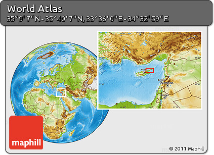 Physical Location Map of the Area around 35° 24' 37" N, 34° 4' 30" E