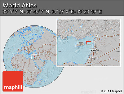 Gray Location Map of the Area around 35° 24' 37" N, 34° 55' 29" E, hill shading