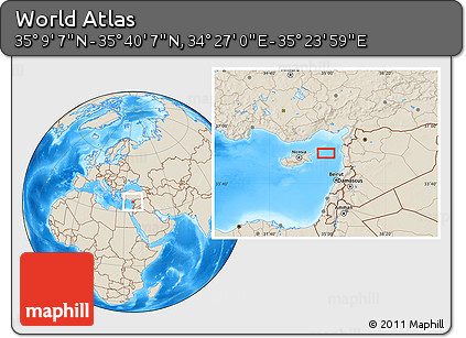 Shaded Relief Location Map of the Area around 35° 24' 37" N, 34° 55' 29" E