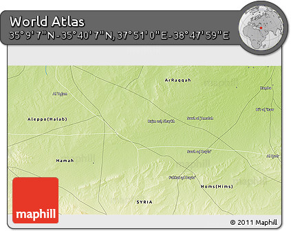Physical 3D Map of the Area around 35° 24' 37" N, 38° 19' 30" E