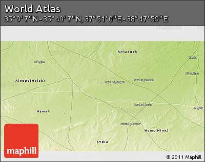 Physical 3D Map of the Area around 35° 24' 37" N, 38° 19' 30" E