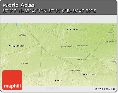 Physical 3D Map of the Area around 35° 24' 37" N, 38° 19' 30" E